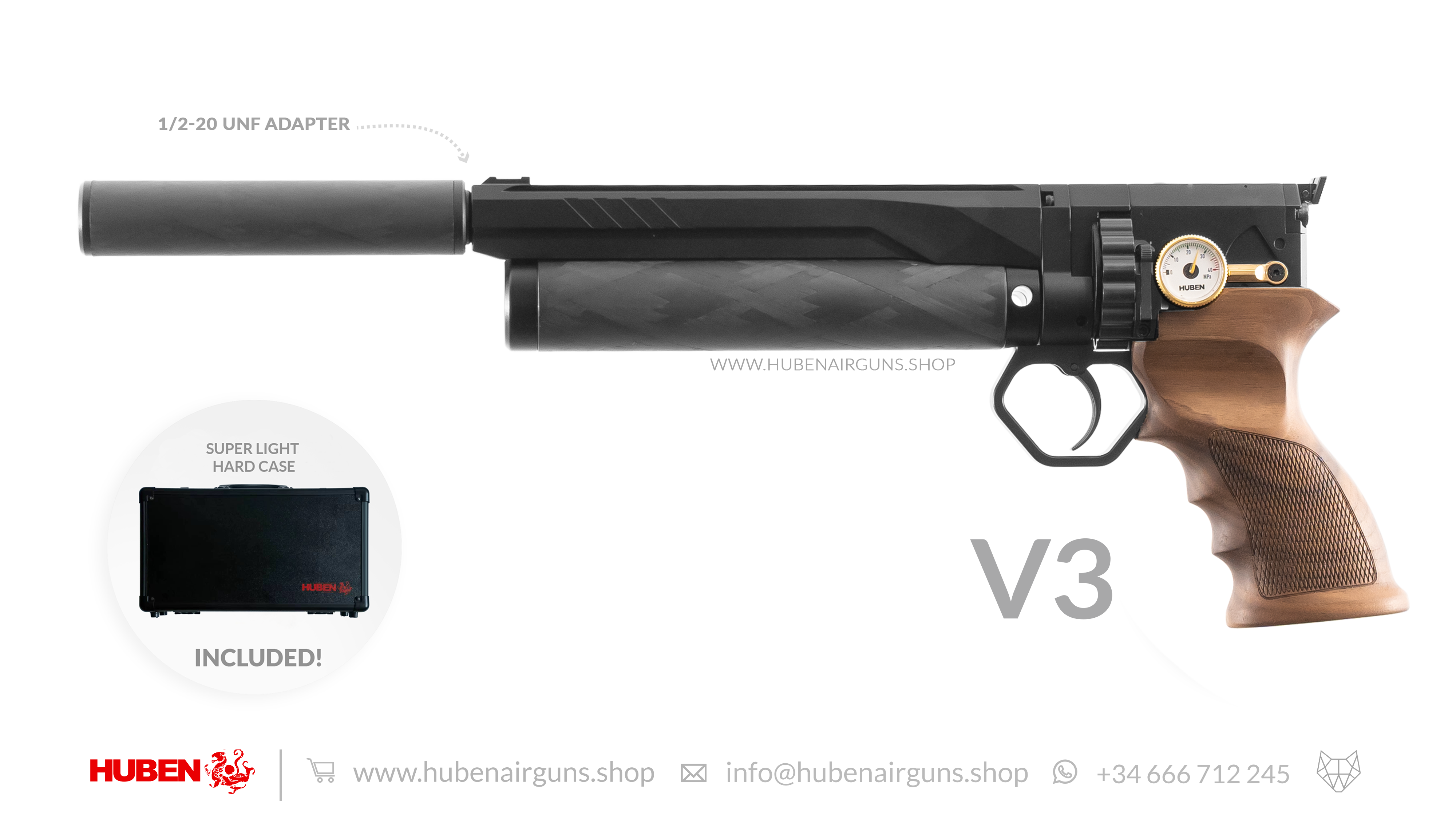 Cal .177 (4.5mm) Huben Pistol GK1 (V3) black with walnut handle and black case with red logo.